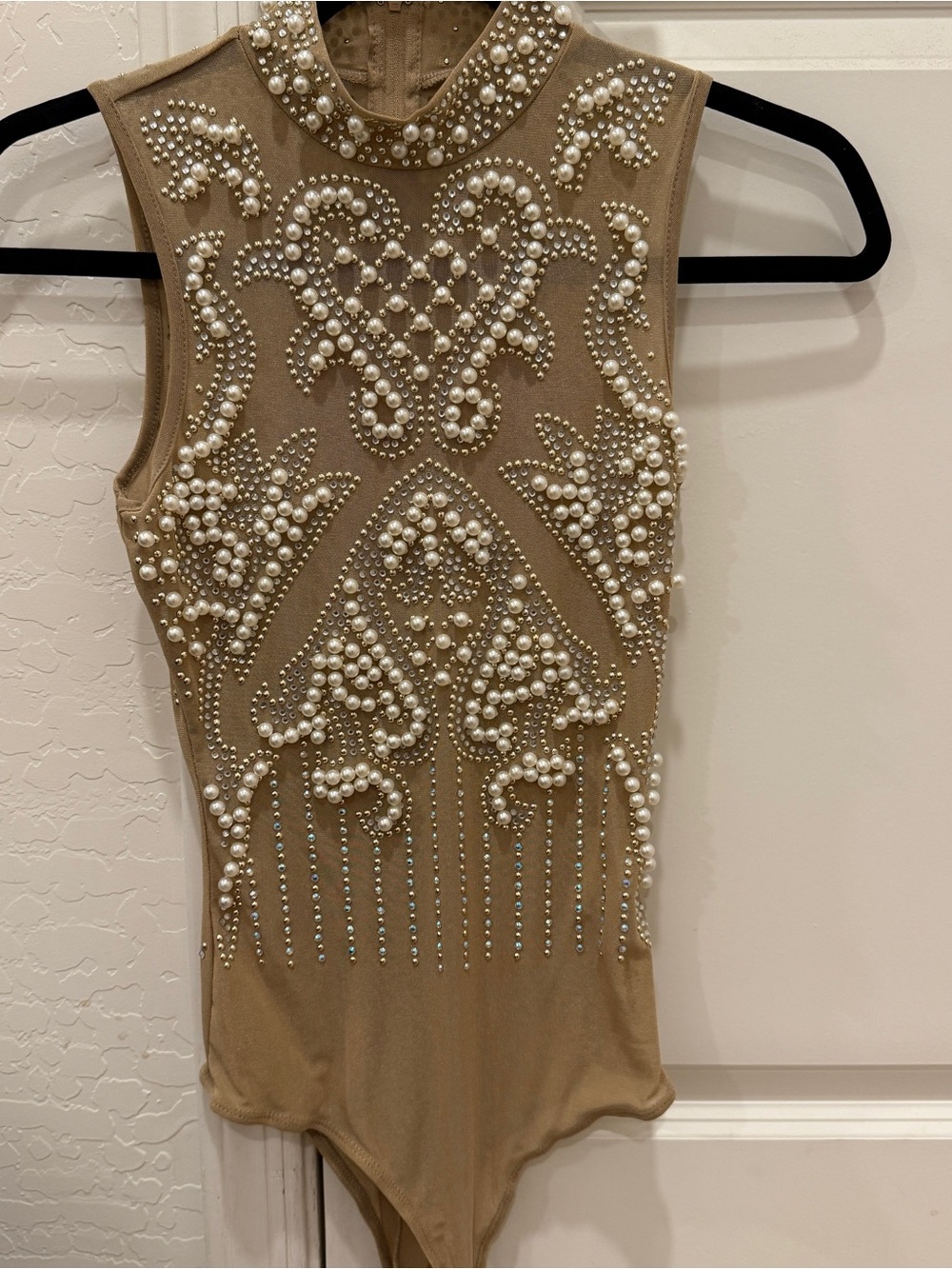 Tan Pearl & Rhinestone Sleeveless Bodysuit
